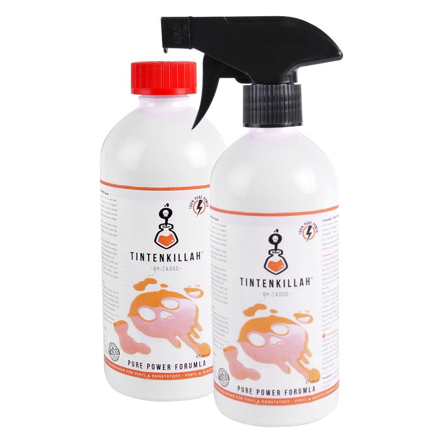 TADOO Tintenkillah Set 500 ml con spruzzatore Due bottiglie TADOO Tintenkillah, una con tappo rosso e una con spruzzatore nero, su sfondo bianco