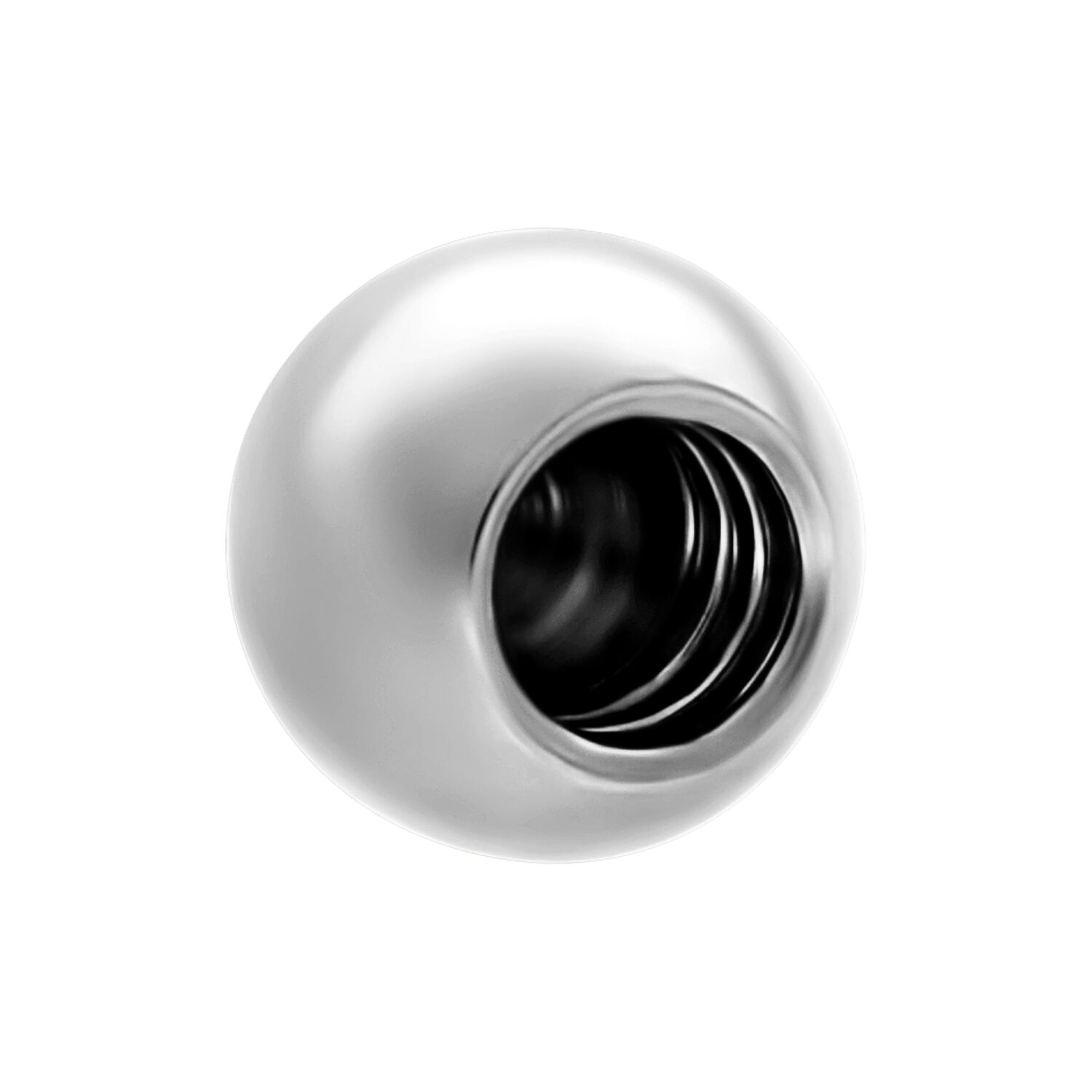 Sfera in acciaio chirurgico con filettatura interna su sfondo bianco