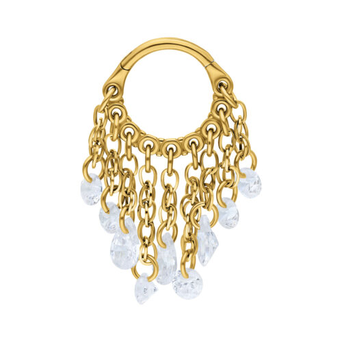 Clicker Piercing dorato con pendenti cristallini su sfondo bianco