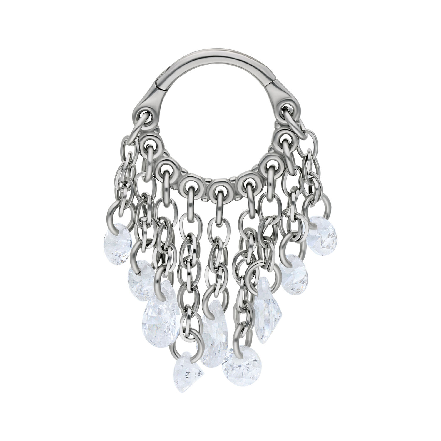 Anello piercing argento con cristalli chiari pendenti su sfondo bianco