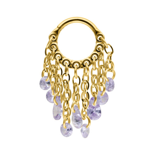 Anello piercing dorato con cristalli lavanda pendenti su sfondo bianco