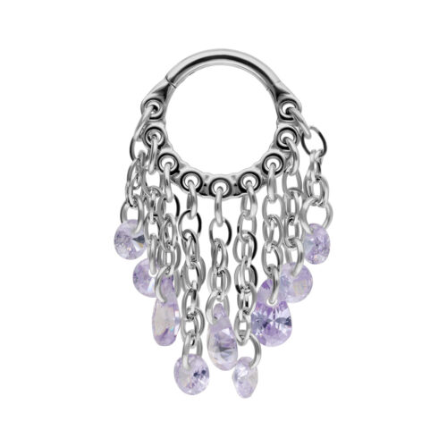 Anello piercing in argento con cristalli lavanda su sfondo bianco