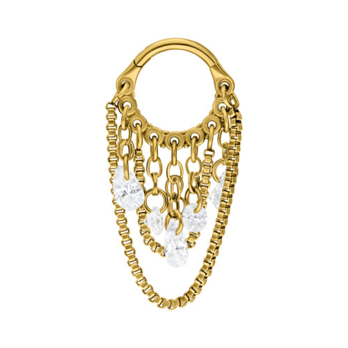 Clicker piercing dorato con cristalli chiari e design a catena serpente su sfondo bianco