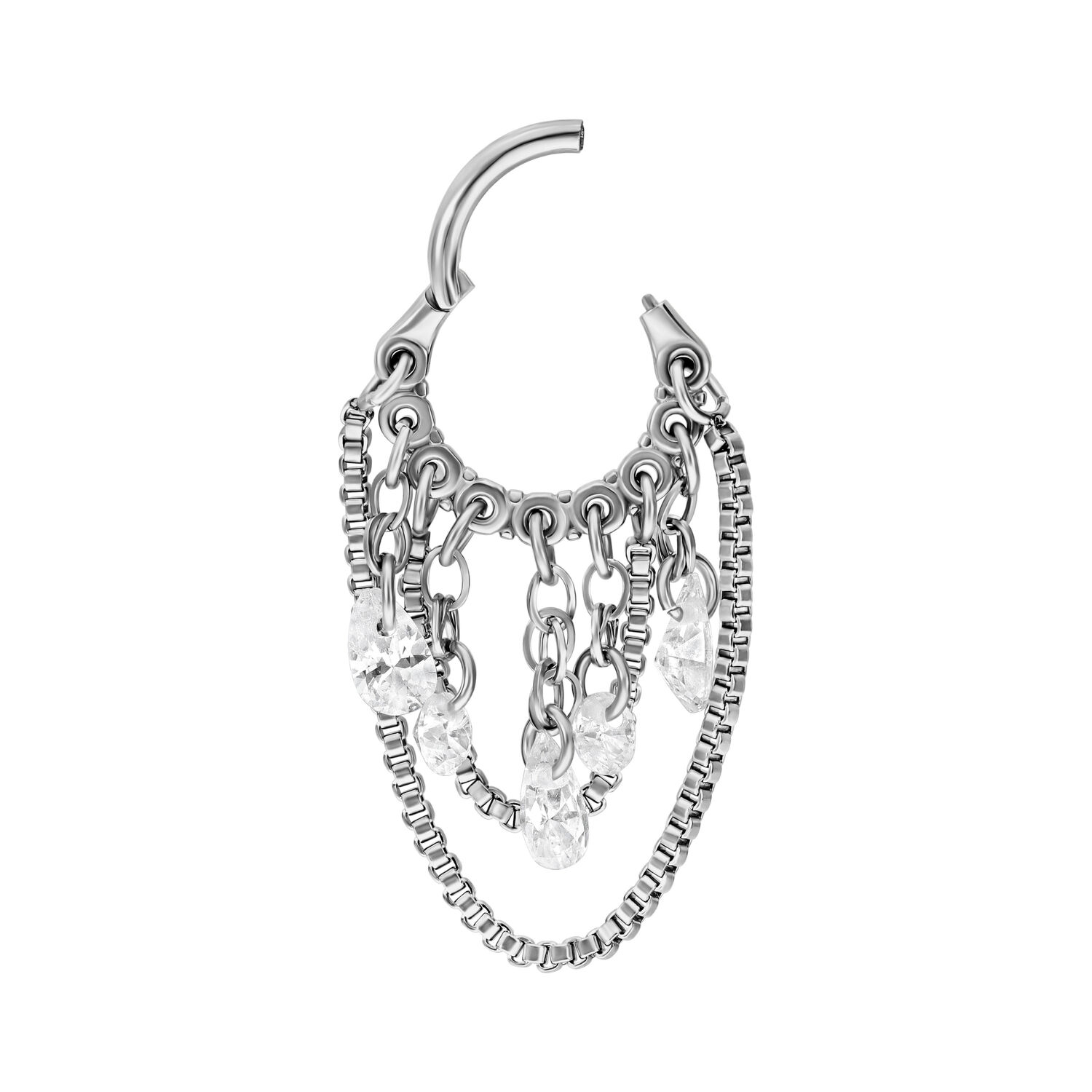 Clicker piercing argento con cristalli chiari su sfondo bianco