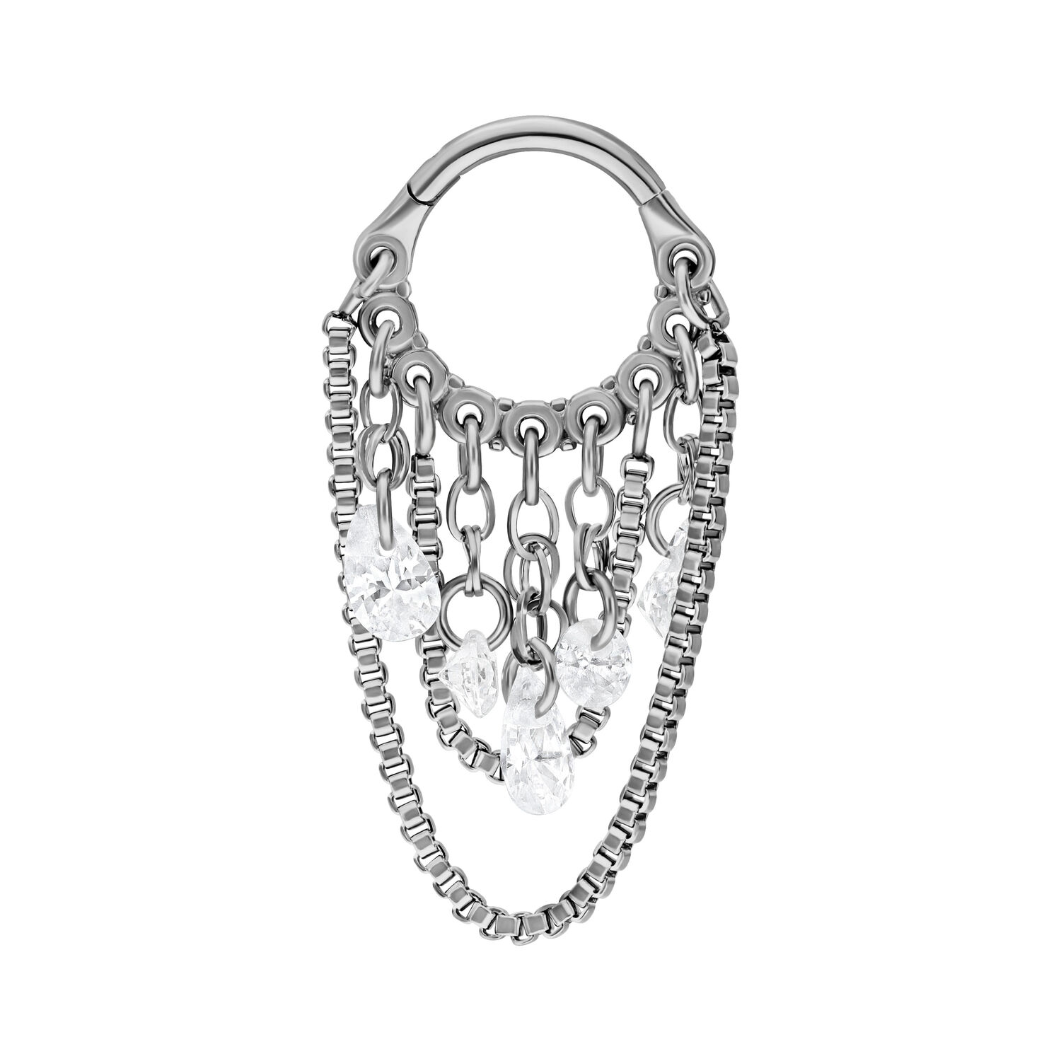 Anello piercing in titanio argentato con cristalli pendenti su sfondo bianco