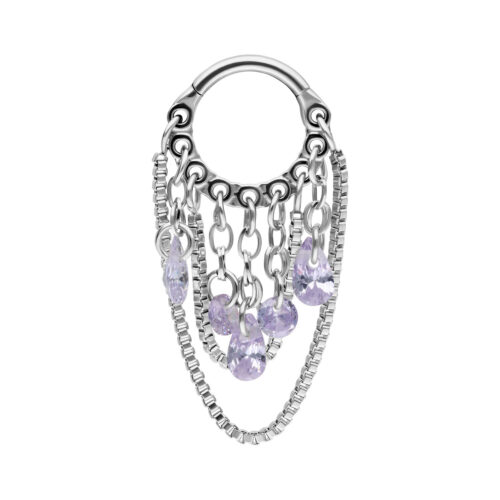 Clicker color argento con cristalli color lavanda su sfondo bianco