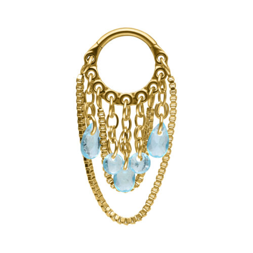 Anello piercing dorato con cristalli azzurri pendenti su sfondo bianco