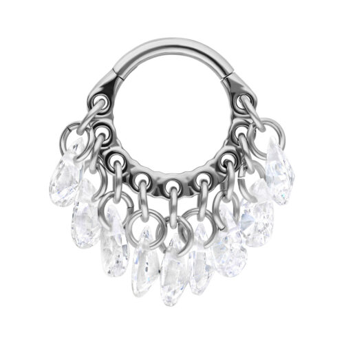 Anello Hinged argento con gocce di cristallo chiare su sfondo bianco