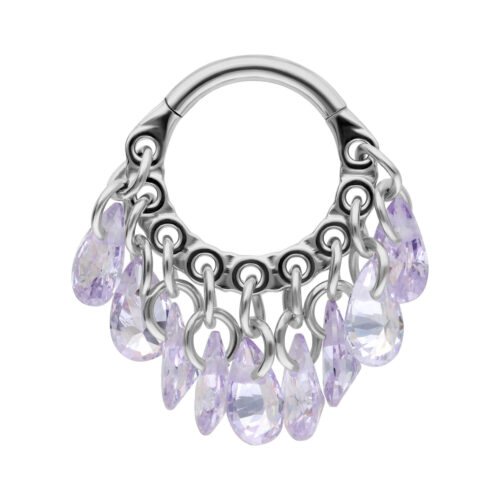 Anello piercing in argento con cristalli color lavanda su sfondo bianco