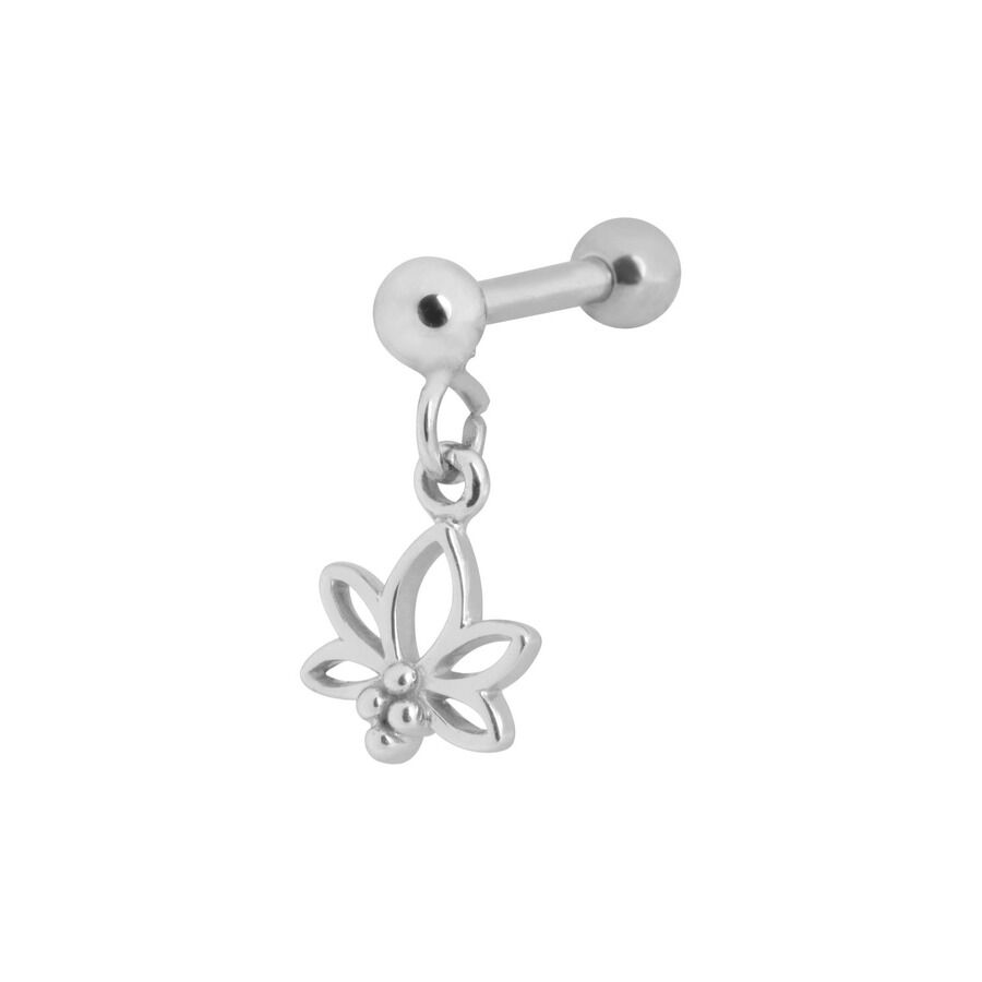Orecchino Barbell in argento con ciondolo a forma di loto su sfondo bianco