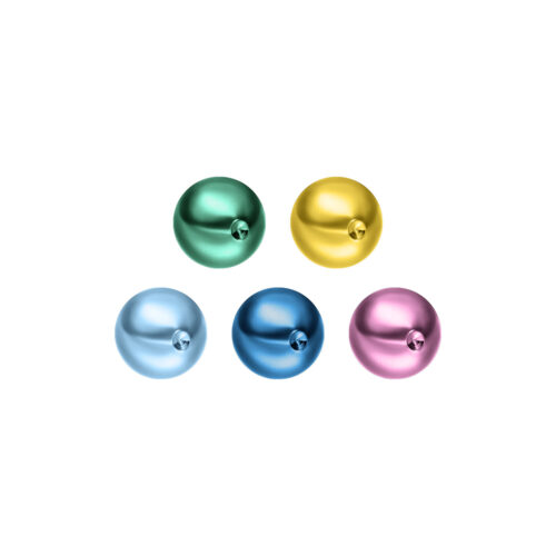 Cinque sfere Clip In in titanio colorate in blu scuro, viola, azzurro, verde scuro e giallo su sfondo bianco