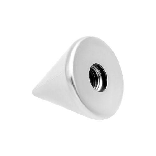 Cono in titanio argento con filettatura interna su sfondo bianco