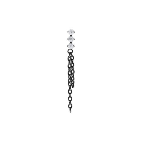 Accessorio piercing in metallo nero con catene di cristallo pendenti su sfondo bianco