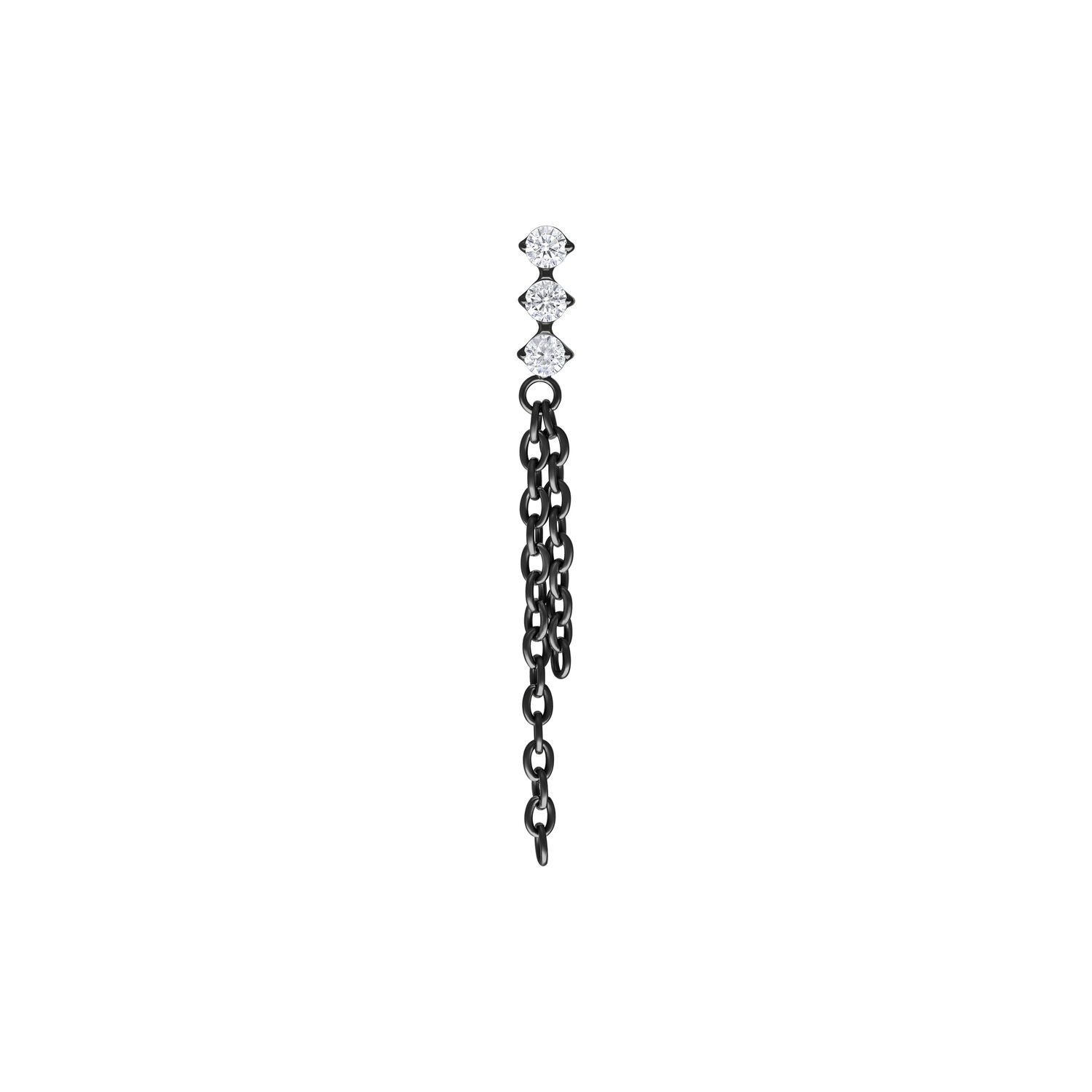 Accessorio piercing in metallo nero con catene di cristallo pendenti su sfondo bianco