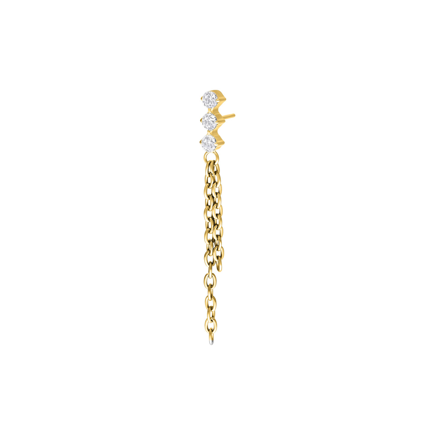 Inserto Push Fit dorato con catene di cristallo Inserto piercing dorato con tre cristalli chiari e catene pendenti su sfondo bianco
