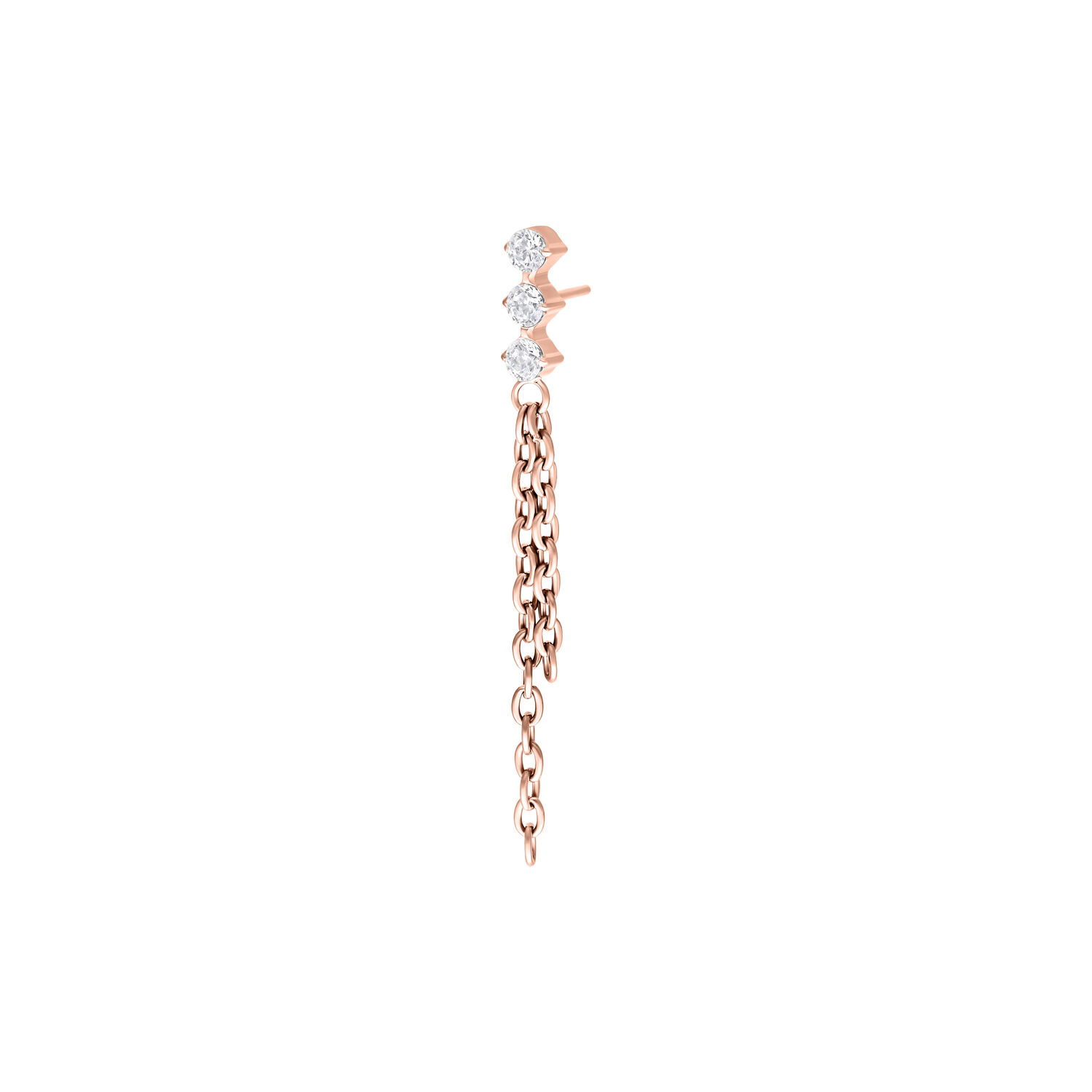 Attacco piercing in rosé oro con tre cristalli chiari e catenine pendenti su sfondo bianco