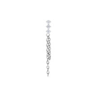 Accessorio piercing argento con tre cristalli chiari e catene pendenti su sfondo bianco
