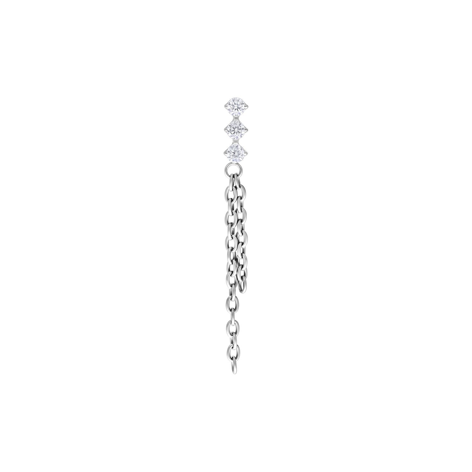 Accessorio piercing argento con tre cristalli chiari e catene pendenti su sfondo bianco