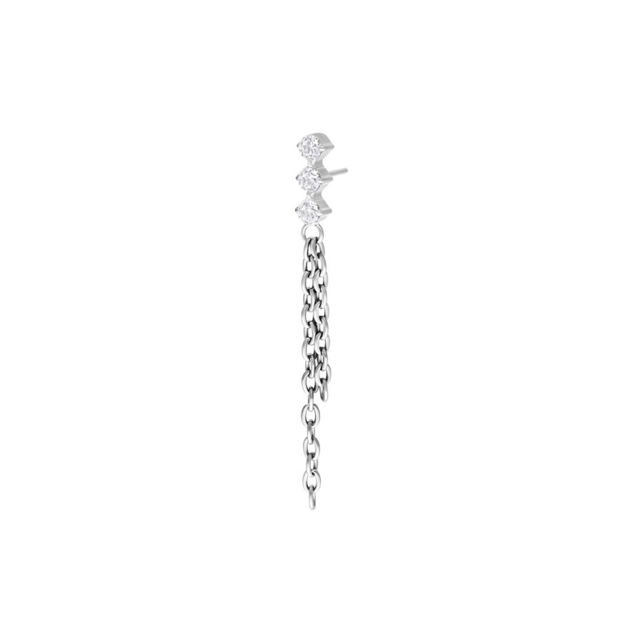 Inserto piercing argento con tre cristalli chiari e catene pendenti su sfondo bianco