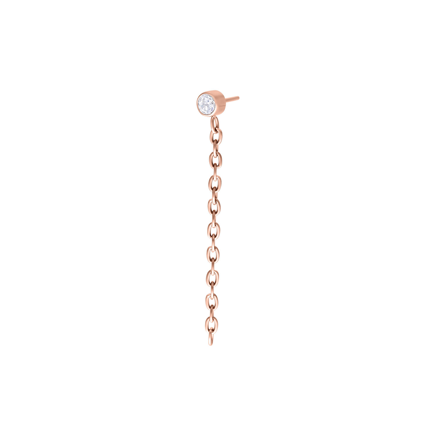 Attacco Push Fit in oro rosa con cristalli chiari e design a catena su sfondo bianco