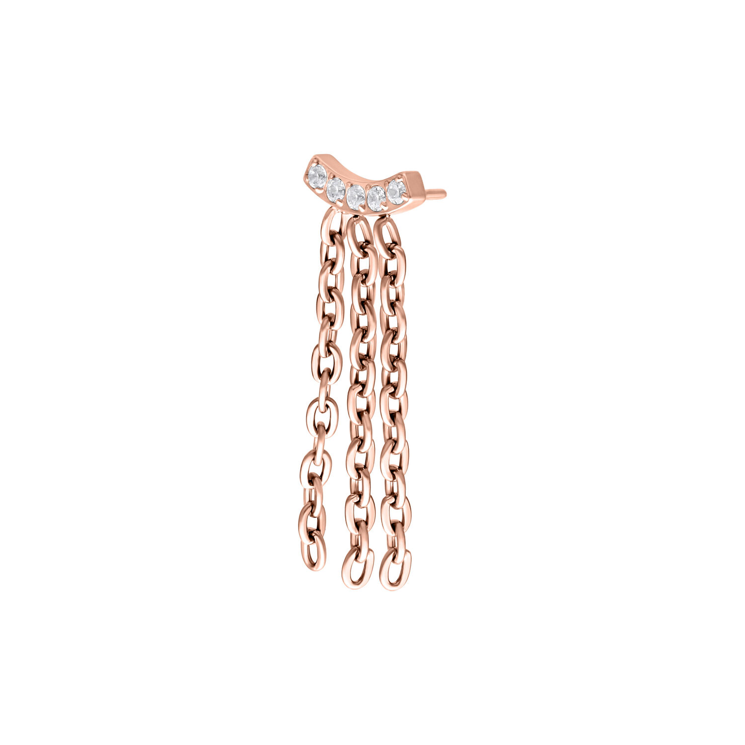 Accessorio in oro rosa con cristalli e catene su sfondo bianco