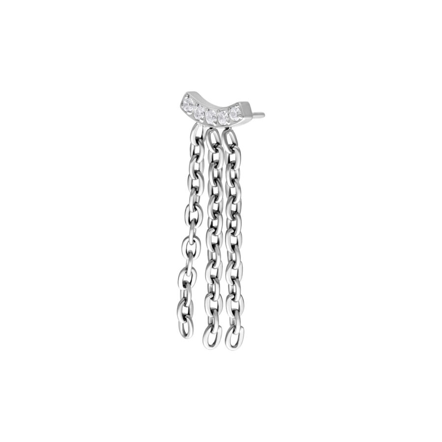 Inserto piercing argento con cristalli chiari e catene su sfondo bianco