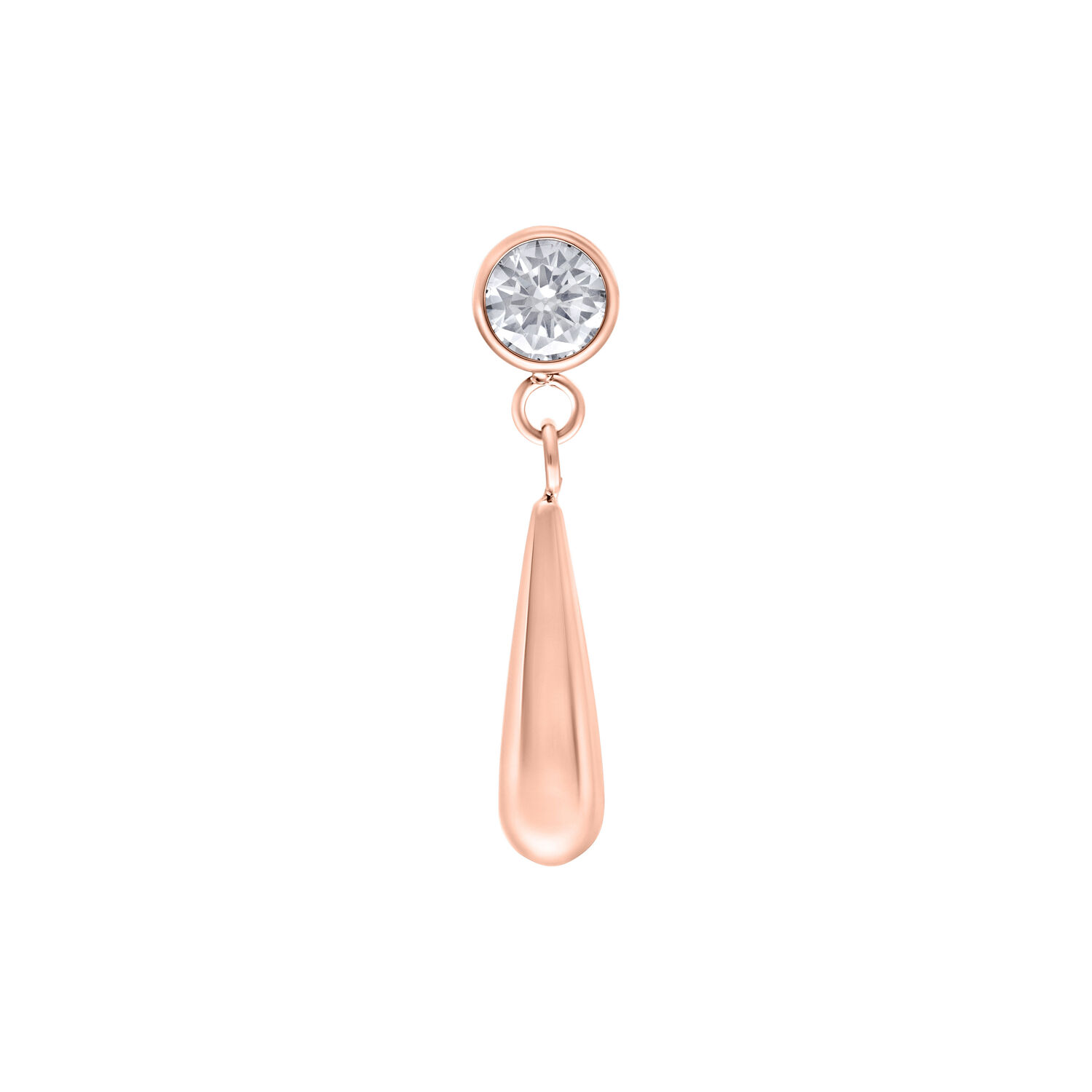Attacco Push Fit in oro rosa con cristallo chiaro e forma a goccia su sfondo bianco