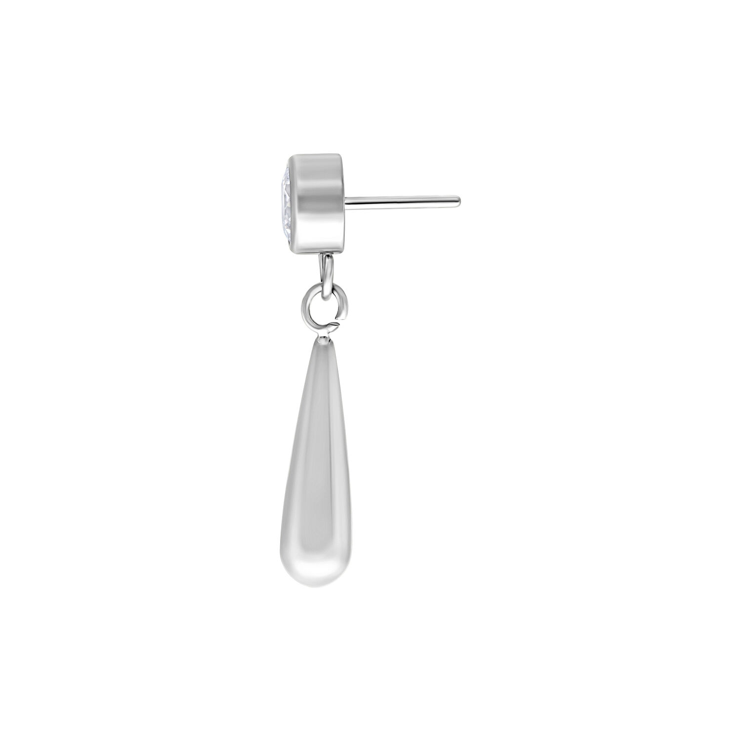 Accessorio per piercing in argento con cristallo chiaro e forma a goccia su sfondo bianco