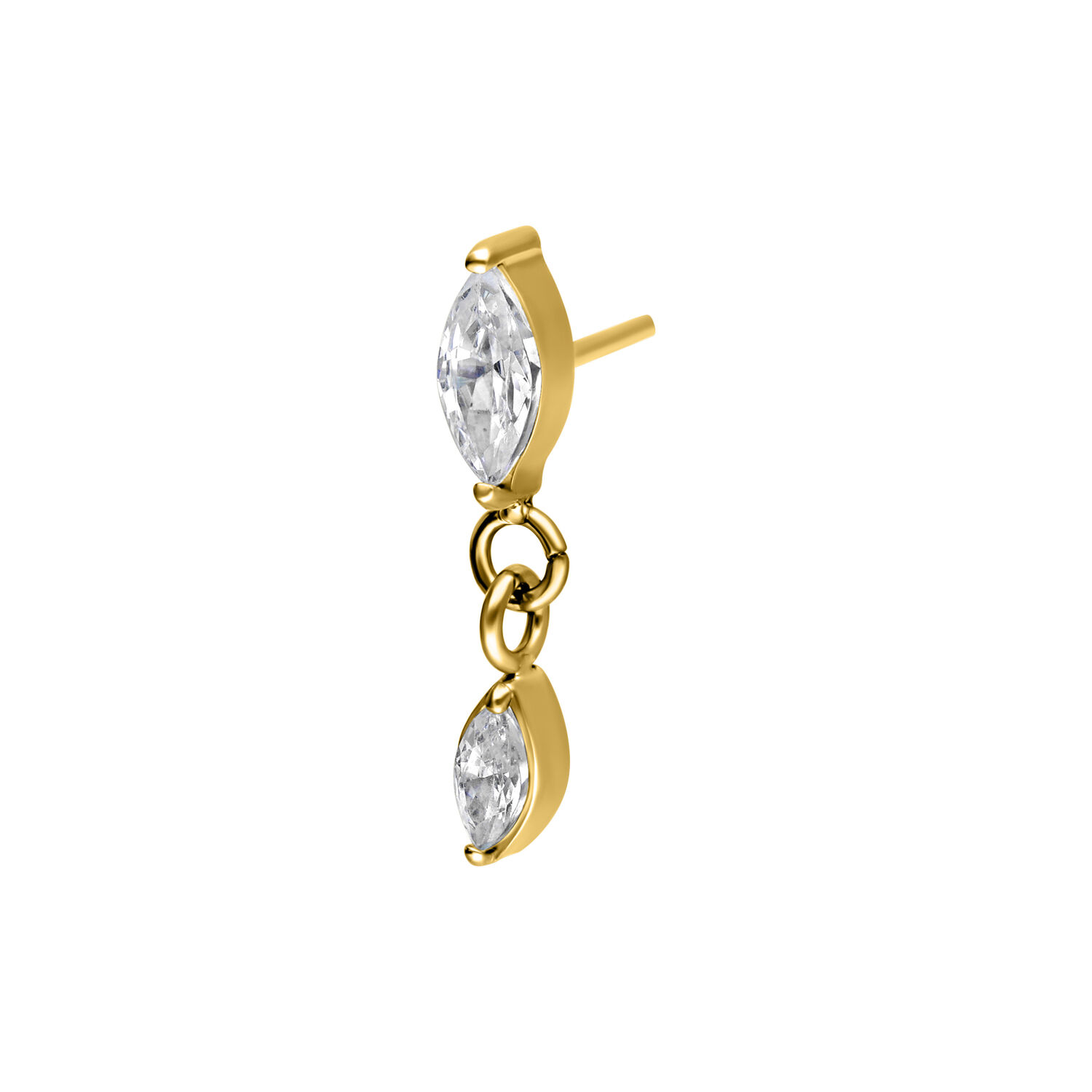 Accessorio in metallo dorato con goccia di cristallo ovale su sfondo bianco