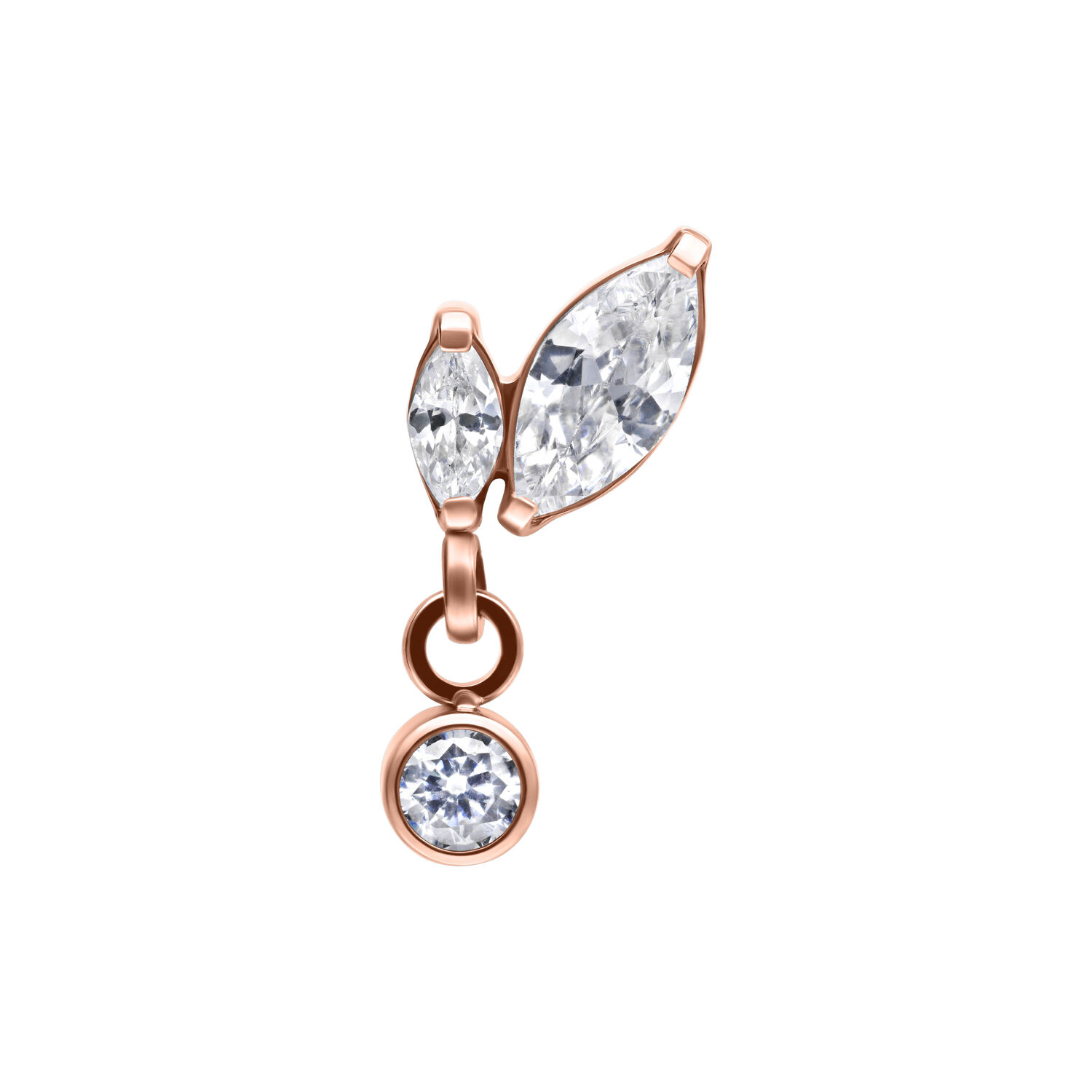 Rosé goldener Piercing-Aufsatz mit zwei Marquise-Kristallen und einem hängenden Kristall auf weißem Hintergrund