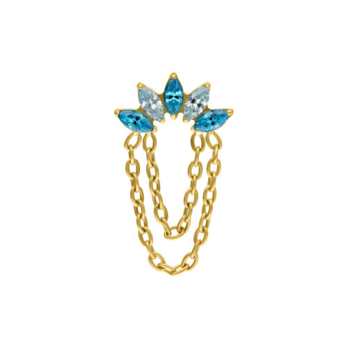 Inserto piercing dorato con cinque cristalli turchesi e connessione a catena