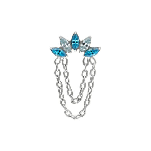 Attacco Push Fit in argento con cristalli turchesi e catene su sfondo bianco