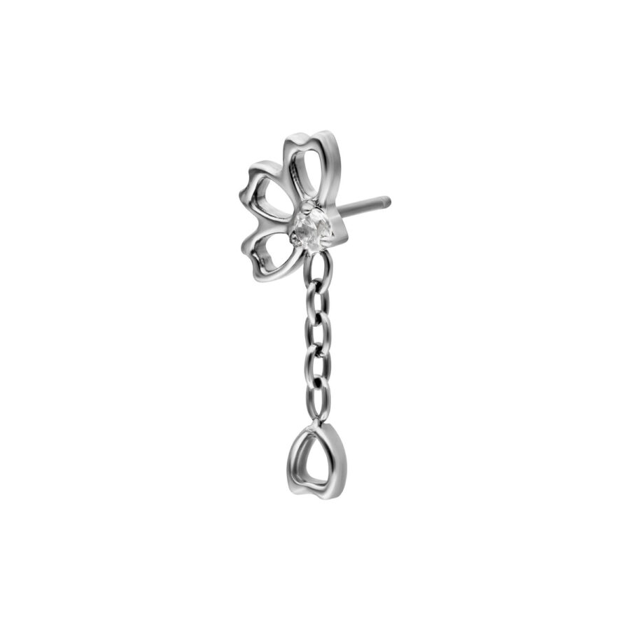 Inserto piercing argento a forma di fiore con catena di cristalli su sfondo bianco