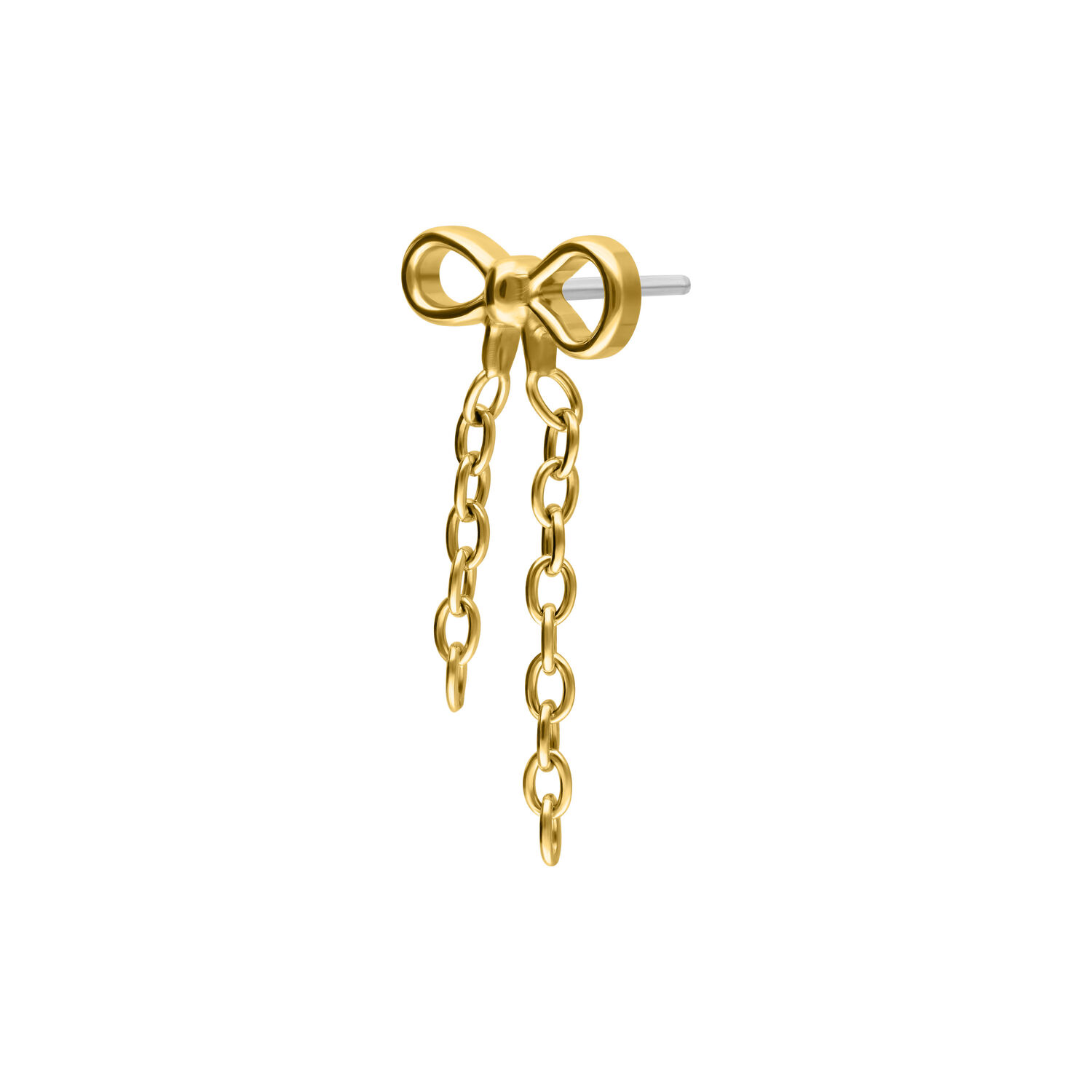Accessorio Push Fit dorato a fiocco con catene Accessorio a fiocco dorato in titanio con due catene pendenti su sfondo bianco