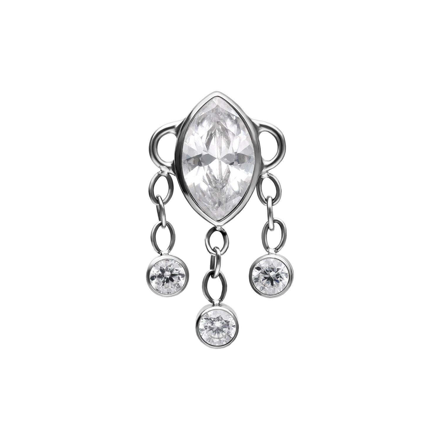 Attacco Push Fit argento con tre cristalli pendenti su sfondo bianco