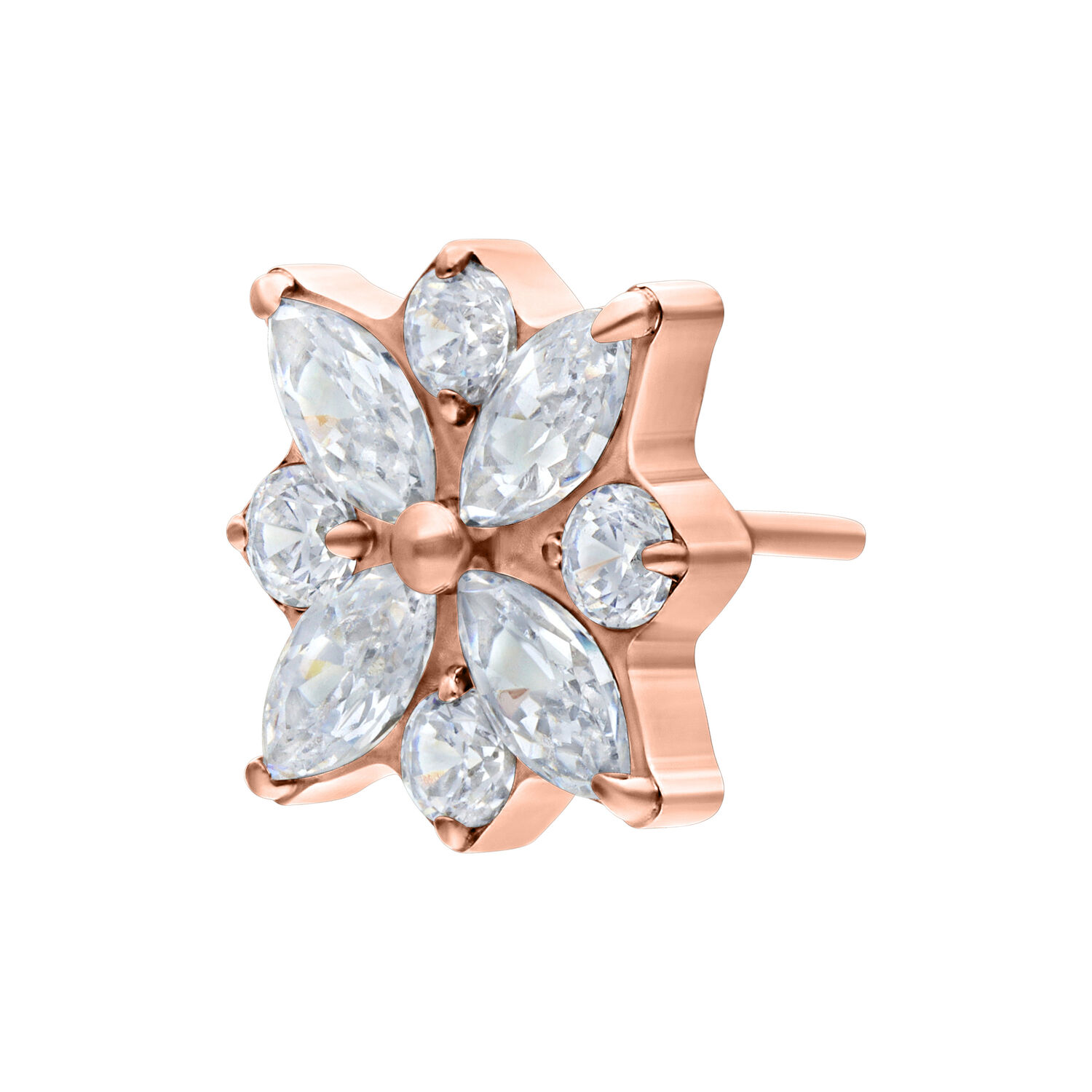Accessorio rosé dorato con pietre cristalline a forma di fiore su sfondo bianco