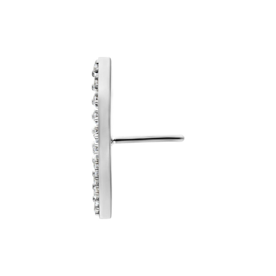 Vista laterale di attacco Push Fit argento con cristalli su sfondo bianco