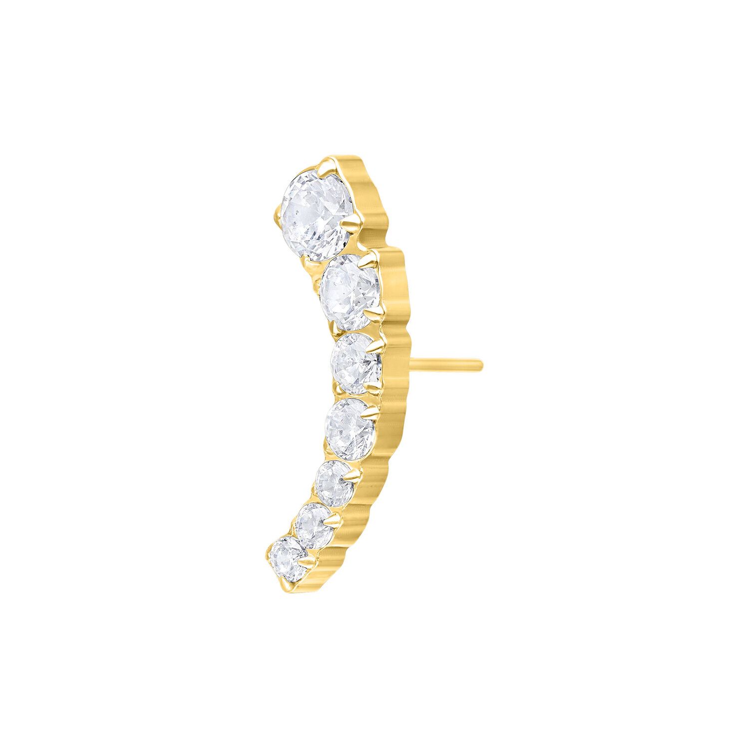 Accessorio piercing dorato a forma di arco con cristalli chiari su sfondo bianco