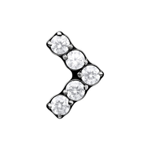 Inserto nero a forma di V in titanio con cristalli chiari su sfondo bianco