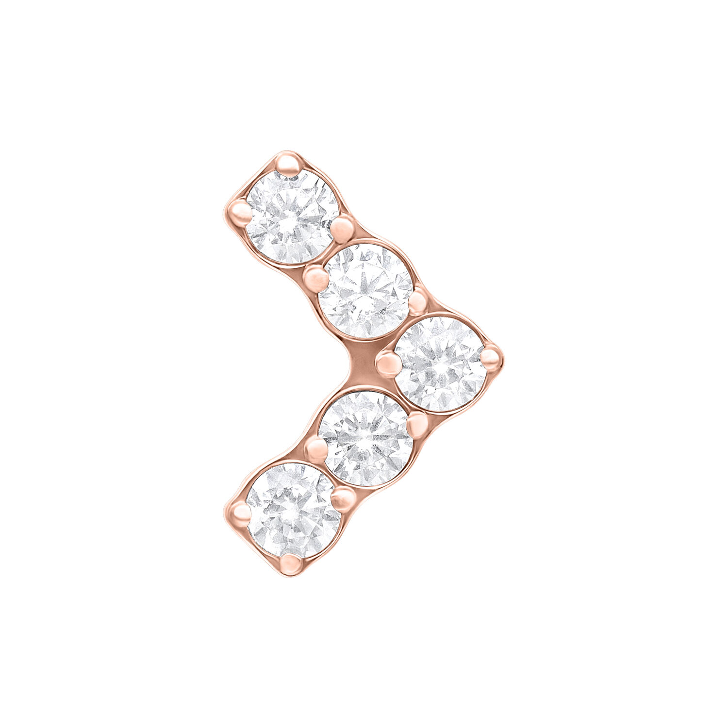 Attacco per piercing a forma di V in titanio oro rosa con cinque cristalli chiari su sfondo bianco