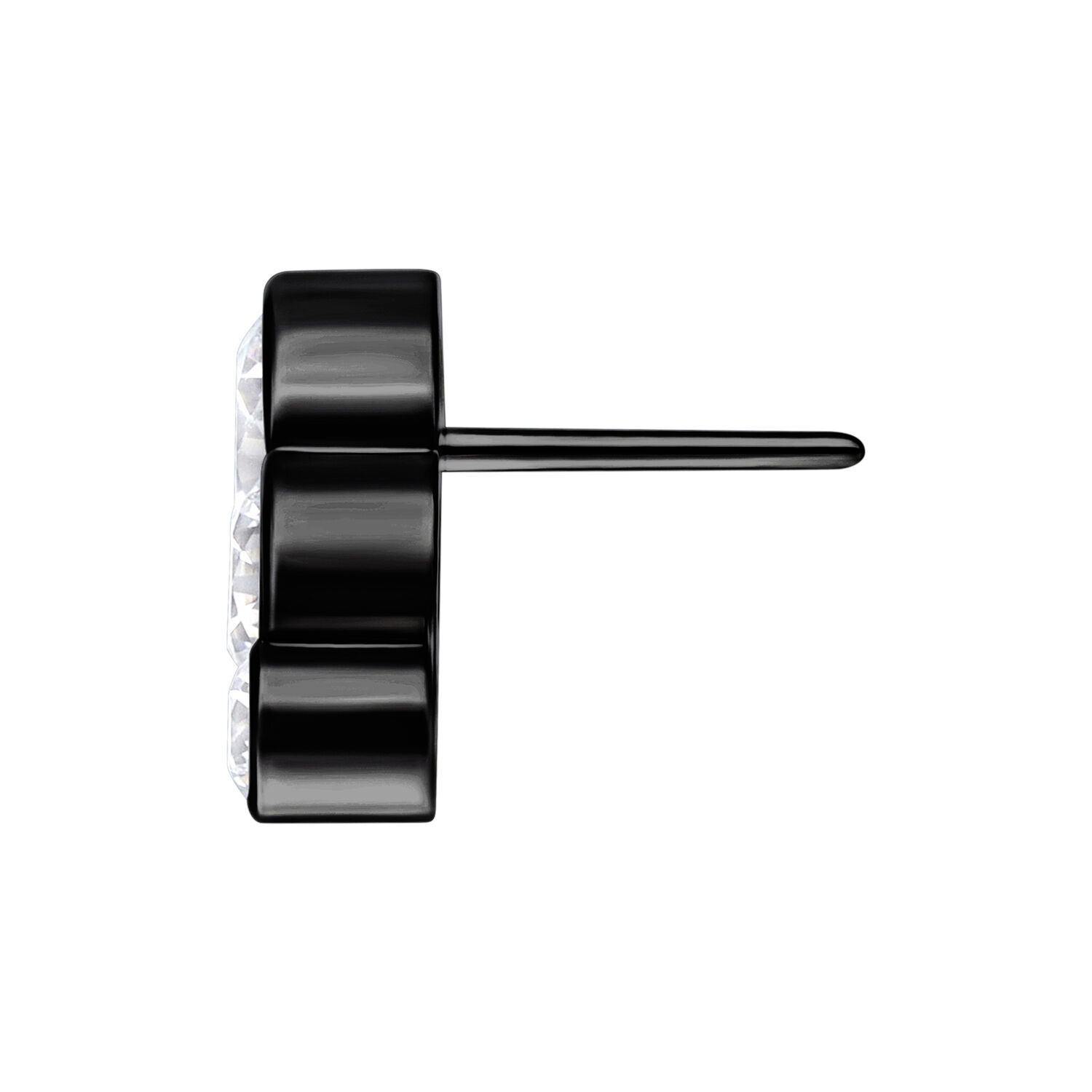 Accessorio metallico nero con cinque cristalli chiari, vista laterale, su sfondo bianco