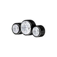 Accessorio piercing nero con tre cristalli chiari su sfondo bianco