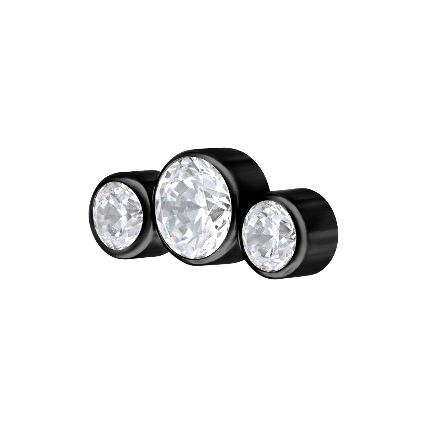 Accessorio piercing nero con tre cristalli chiari su sfondo bianco