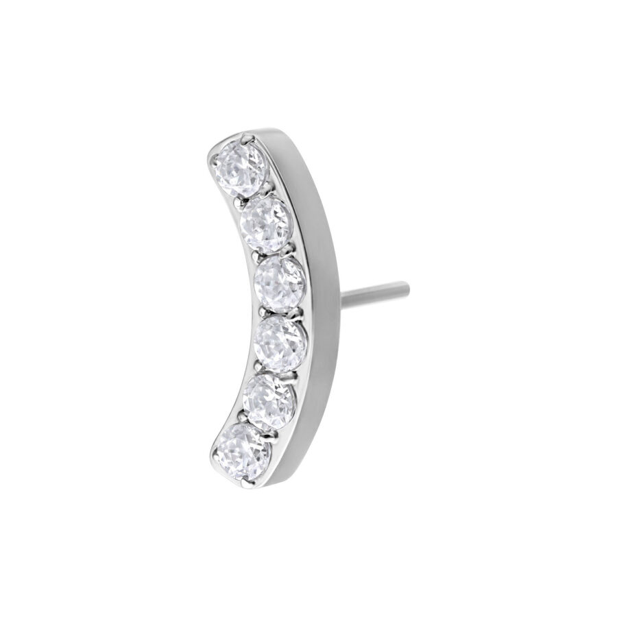 Inserto piercing argento con 6 cristalli chiari su sfondo bianco