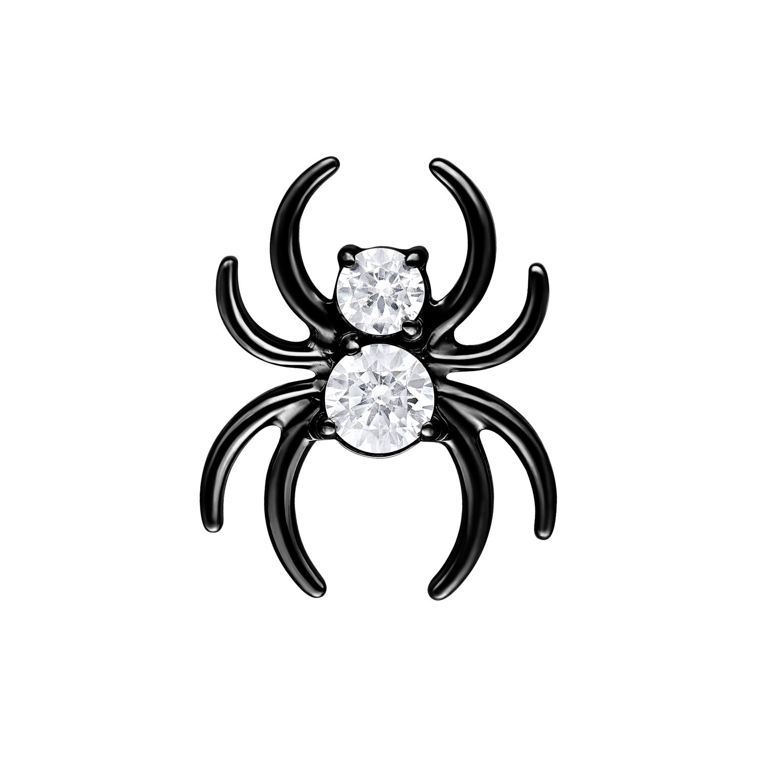 Accessorio Spider in metallo nero con due pietre cristalline su sfondo bianco