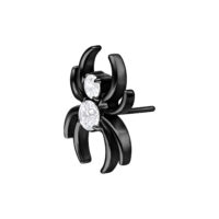 Attacco a forma di ragno in metallo nero con cristalli chiari su sfondo bianco