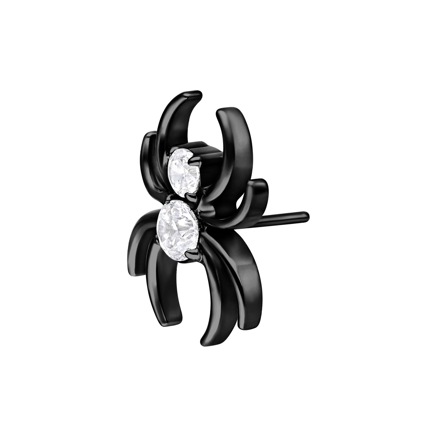 Attacco a forma di ragno in metallo nero con cristalli chiari su sfondo bianco