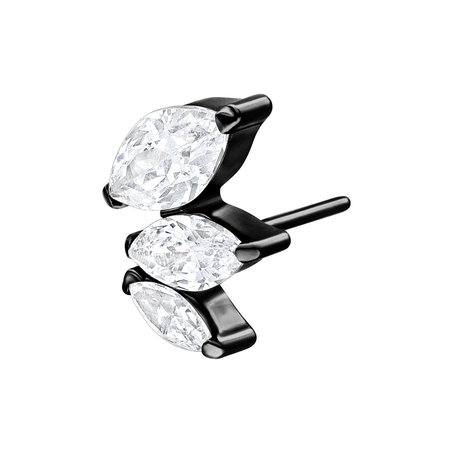 Attacco in metallo nero con cristalli chiari su sfondo bianco