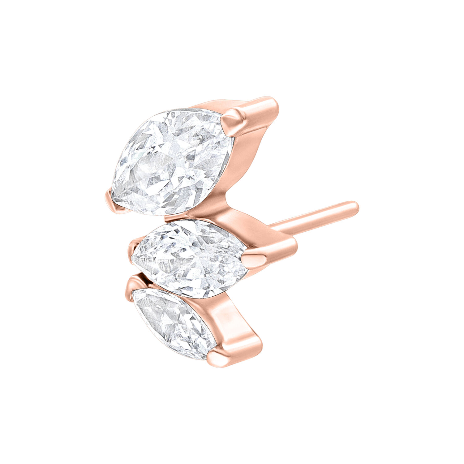 Attacco Push Fit in oro rosa con tre cristalli chiari su sfondo bianco