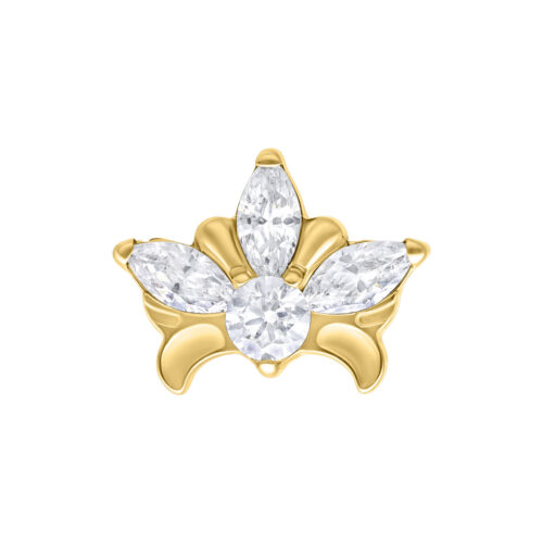 Tiara dorata con cristalli chiari su sfondo bianco